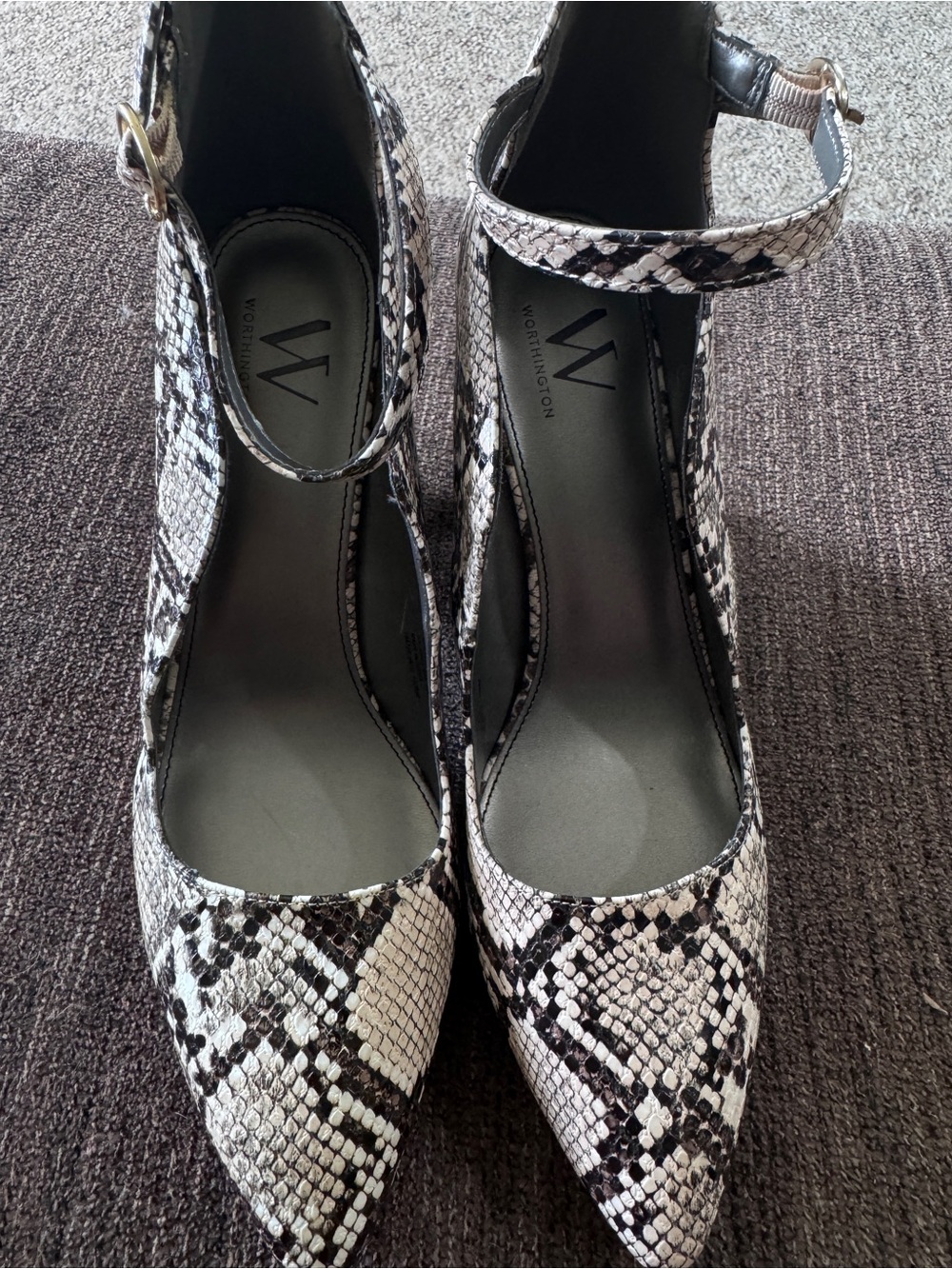 Worthington Black and White Snake-Print Pointed Ankle-Strap Pumps
